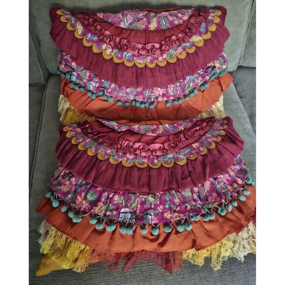 Pier 1 Imports Set of Two Decorative Pillows Red Ruffles BOHO Bohemian 17"x13” - Picture 2 of 8